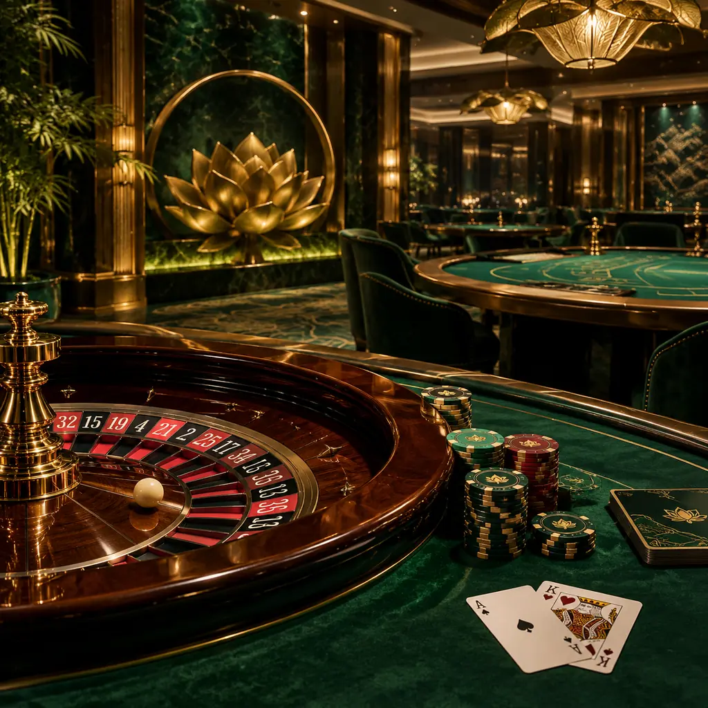 Ilustrasi ruang kasino hijau hutan dengan meja roulette dan ornamen teratai