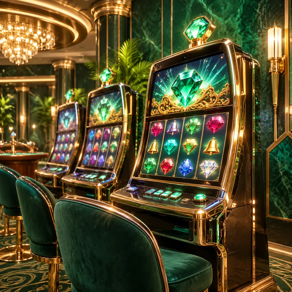Mesin slot bertema permata dalam ruang kasino hijau