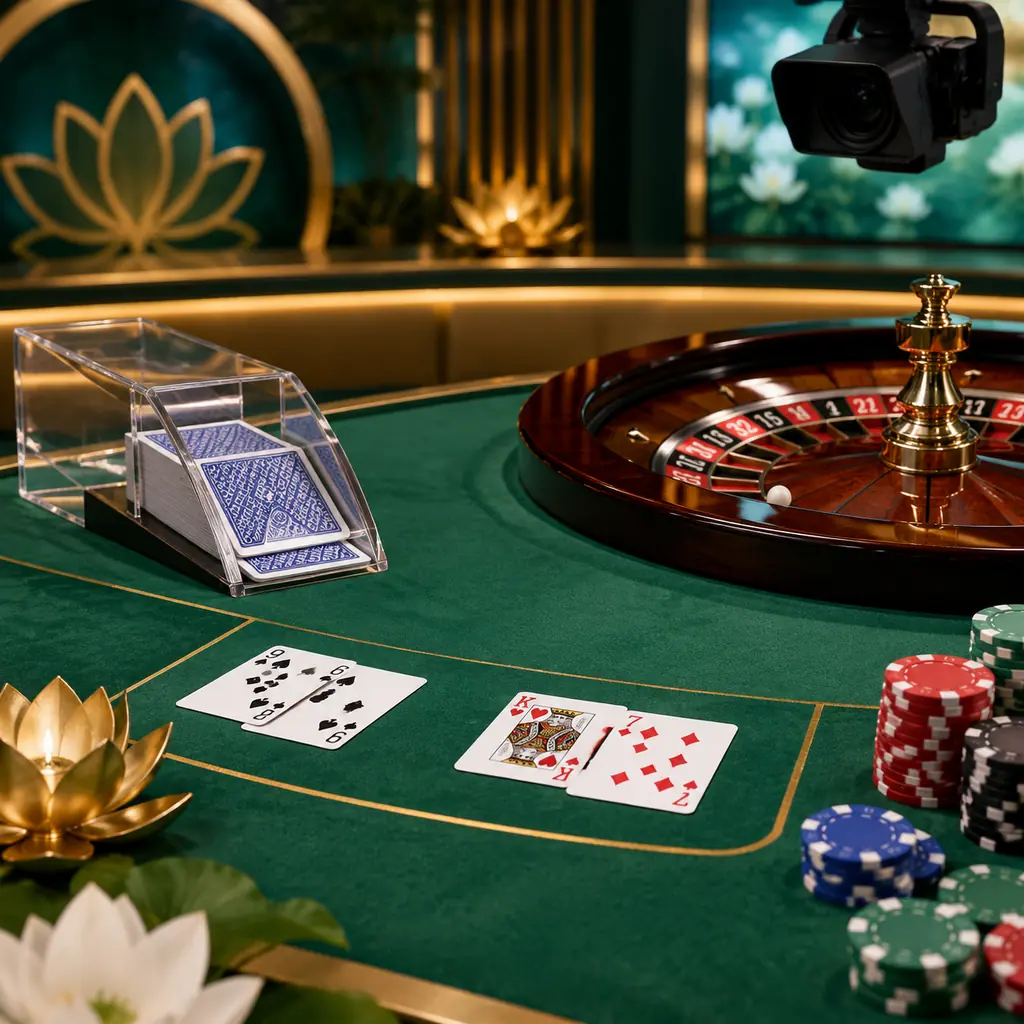 Meja baccarat dan roulette di studio kasino