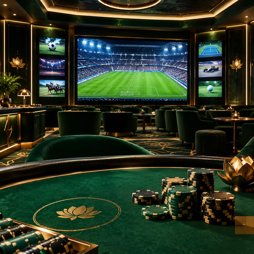 Sudut sportsbook kasino dengan layar lapangan sepak bola