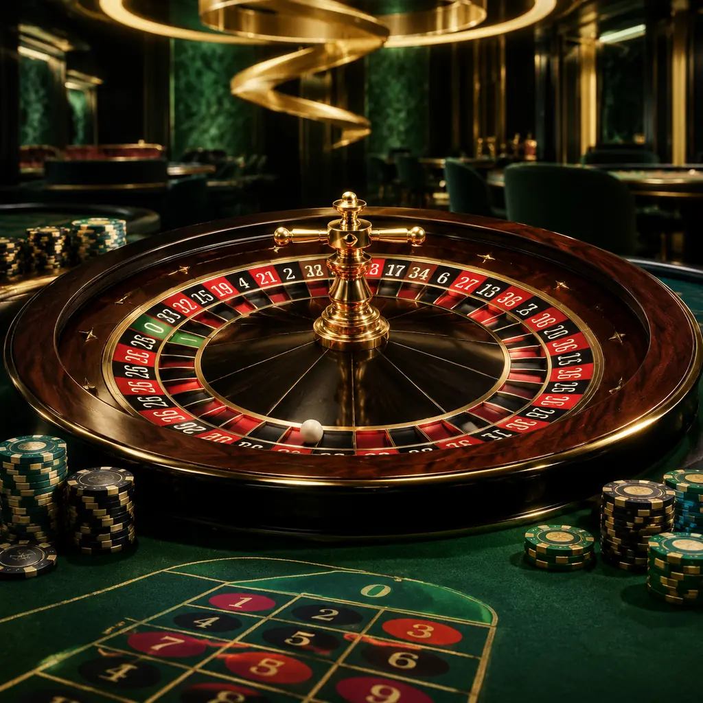 Roda roulette dan tata letak angka pada meja hijau